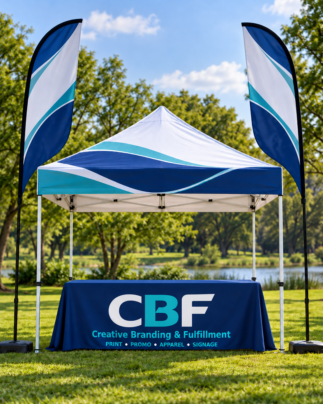CBF pop-up canopy with two feather flags and a six-foot table; the navy tablecloth displays the CBF logo with the C, F, and service bullets in white and the remaining logo text in teal