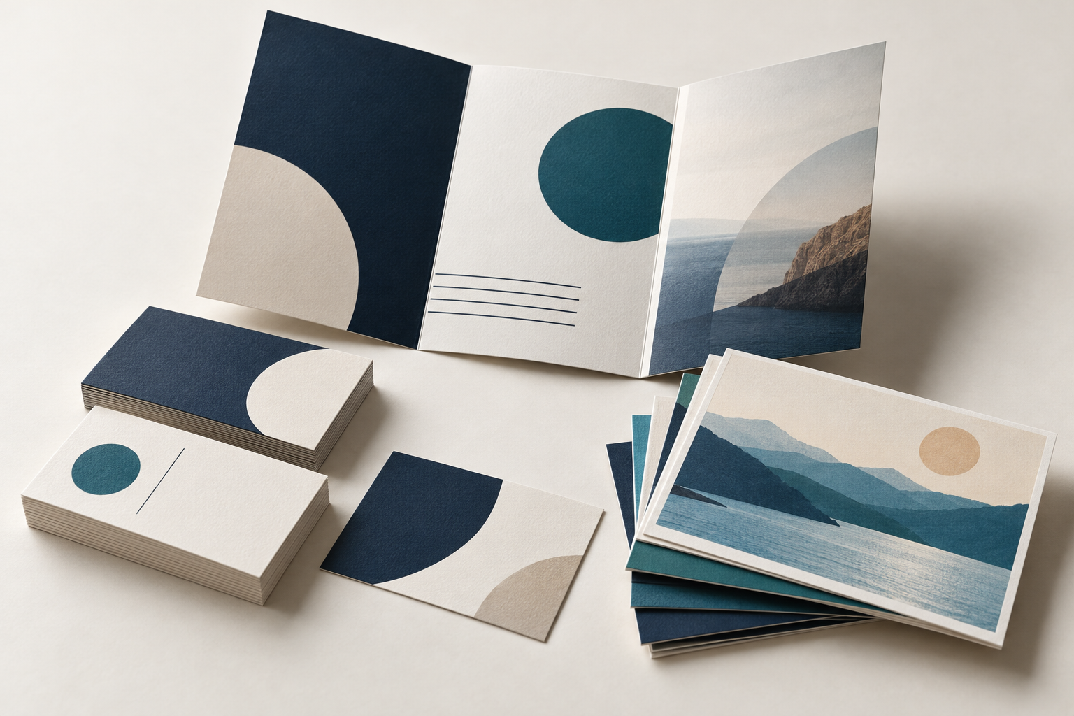 Printed business cards, an open brochure, and colorful postcards
